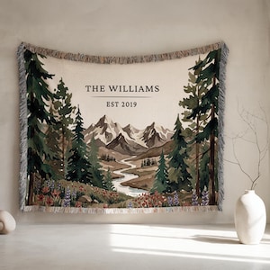 Personalized national park woven blanket with couples names and wedding date, wildflower mountain scene, outdoorsy couple gift tapestry