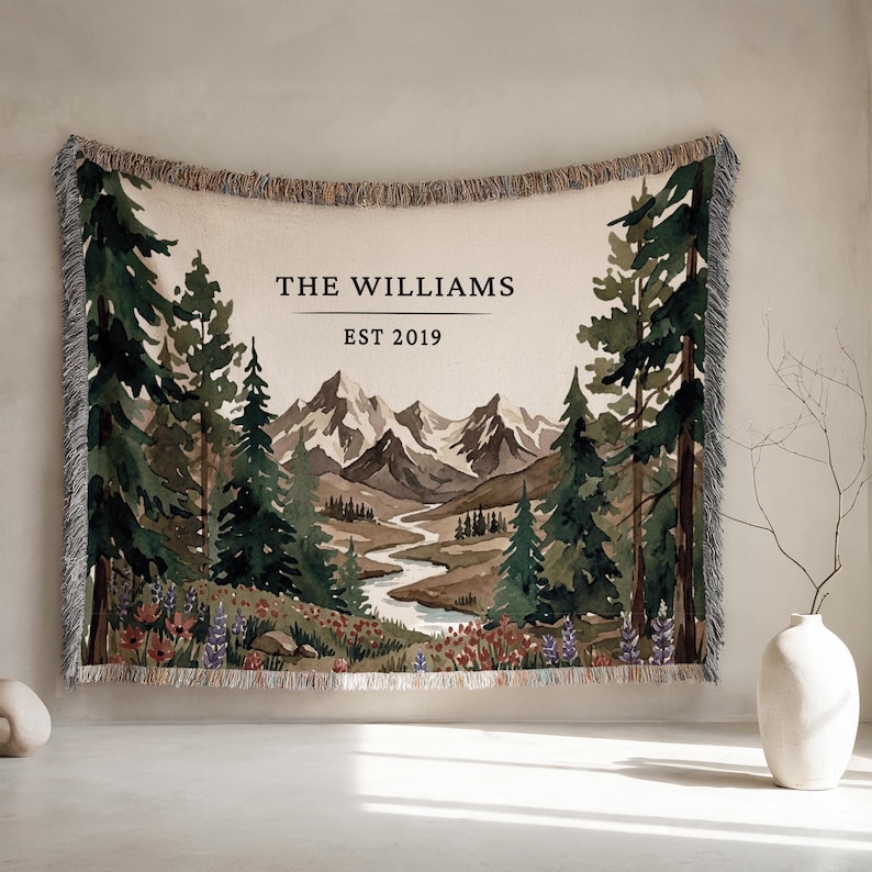 Personalized national park woven blanket with couples names and wedding date, wildflower mountain scene, outdoorsy couple gift tapestry