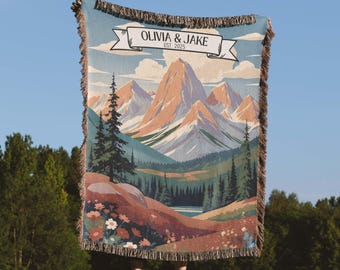 Outdoorsy Couple Blanket Personalized Adventure Wedding Gift Custom Mountain Wildflower Woven Throw Cotton Nature Lovers Anniversary Names