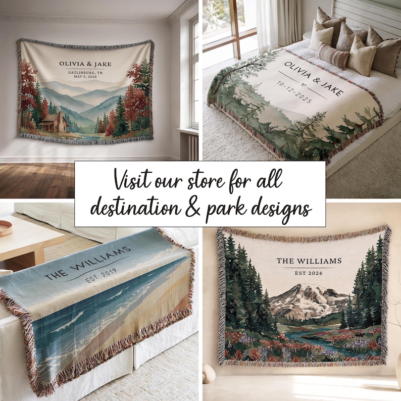 May include: A collection of four woven throw blankets featuring personalised text and nature-inspired illustrations including mountain landscapes, forests, and coastal beach scenes with fringed edges and custom names and dates printed on each.