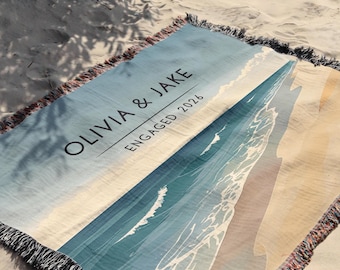 Beach Engagement Blanket Personalized Ocean Scene Coastal Wedding Gift Couples Names Woven Cotton Throw Destination Anniversary Gift