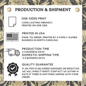 May include: Production and shipment information for a product. The text states that the product is printed on one side, made to order, and printed by a family-owned business in North Carolina. The production time is 2-5 business days and the domestic shipping time is 2-5 business days. The text also states that there is a quality guarantee and that if an item is delivered damaged or defective, the company will make it right. Customers are encouraged to contact the company within 14 days if there is anything wrong with their order.