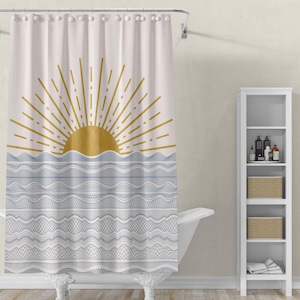 Modern Coastal Decor Boho Shower Curtain Blue Abstract Wave Design Pink Sun Accent Beach Theme Bathroom Collection Premium Quality Construction Nautical Home Style Summer Decorative Essential Beautiful Room Addition White Background Pattern
