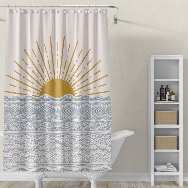 Modern Coastal Decor Boho Shower Curtain Blue Abstract Wave Design Pink Sun Accent Beach Theme Bathroom Collection Premium Quality Construction Nautical Home Style Summer Decorative Essential Beautiful Room Addition White Background Pattern