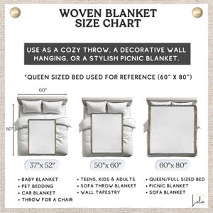 May include: Woven blanket size chart with dimensions for baby, teen, and queen-sized blankets. Includes a 37" x 52" baby blanket, a 50" x 60" teen blanket, and a 60" x 80" queen-sized blanket. The chart suggests uses as a cozy throw or picnic blanket.