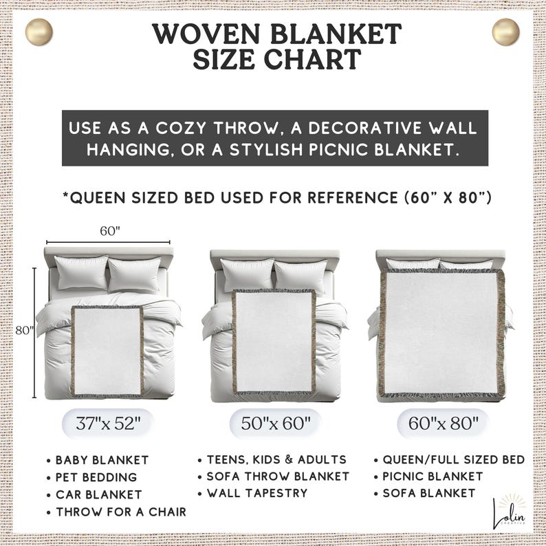 May include: Woven blanket size chart with dimensions for baby, teen, and queen-sized blankets. Includes a 37" x 52" baby blanket, a 50" x 60" teen blanket, and a 60" x 80" queen-sized blanket. The chart suggests uses as a cozy throw or picnic blanket.
