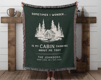 Personalized Cabin Woven Blanket Funny Lake House Gift for Dad Custom Family Cottage Throw Rustic Decorating Up North Christmas