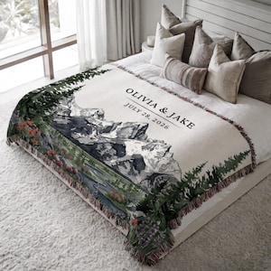 Personalized Grand Teton Woven Blanket National Park Couples Wedding Gift Custom Names Wyoming Jackson Adventurous Hiking Cotton Anniversary