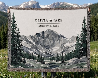 Coperta tessuta personalizzata delle Montagne Rocciose, regalo di anniversario del Parco Nazionale, cognome della coppia, avventura, escursionismo, matrimonio, Colorado, coperta di cotone