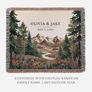 Personalized national park woven blanket with couples names and wedding date, wildflower mountain scene, outdoorsy couple gift