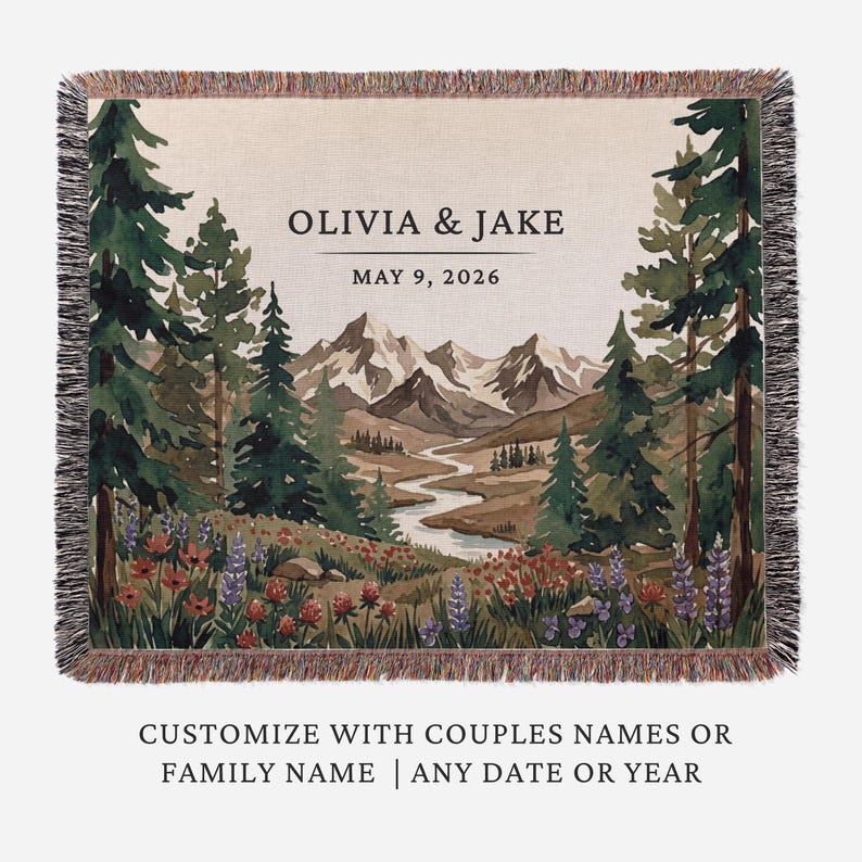 Personalized national park woven blanket with couples names and wedding date, wildflower mountain scene, outdoorsy couple gift