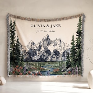 Personalized Grand Teton Woven Blanket National Park Couples Wedding Gift Custom Names Wyoming Jackson Adventurous Hiking Cotton Anniversary