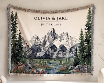 Coperta tessuta personalizzata Grand Teton Parco Nazionale Regalo di nozze per coppie Nomi personalizzati Wyoming Jackson Avventura Escursionismo Cotone Anniversario