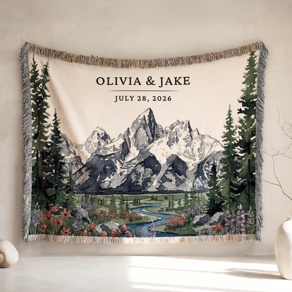 Personalized Grand Teton Woven Blanket National Park Couples Wedding Gift Custom Names Wyoming Jackson Adventurous Hiking Cotton Anniversary