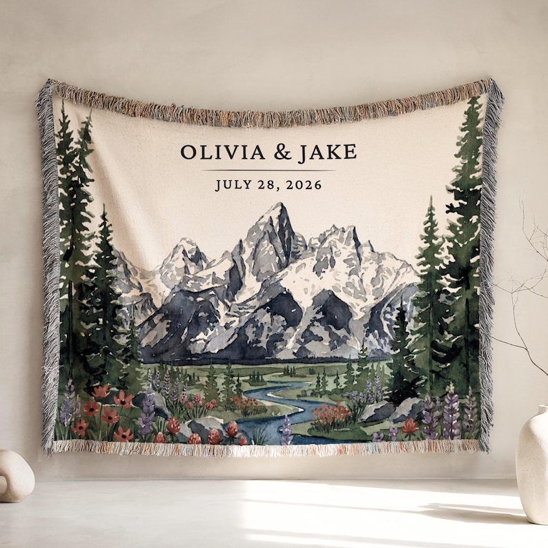 Personalized Grand Teton Woven Blanket National Park Couples Wedding Gift Custom Names Wyoming Jackson Adventurous Hiking Cotton Anniversary