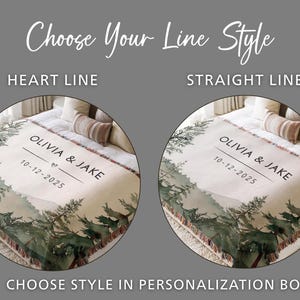 May include: A woven throw blanket featuring a forest landscape print with the text OLIVIA & JAKE and the date 10-12-2025. Two circular displays show a heart line or a straight line option for the text layout, with the heading Choose Your Line Style.