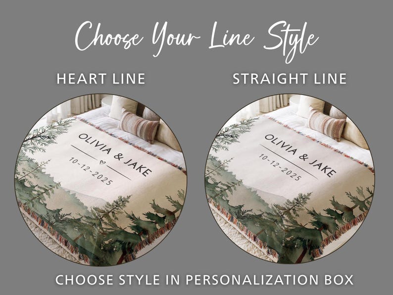 May include: A woven throw blanket featuring a forest landscape print with the text OLIVIA & JAKE and the date 10-12-2025. Two circular displays show a heart line or a straight line option for the text layout, with the heading Choose Your Line Style.