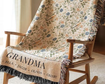 Personalized Grandma Blanket Floral Mimi Nana Custom Grandchildren Names Cottage Core Farmhouse Aesthetic Grandmother Presents Cotton Throw