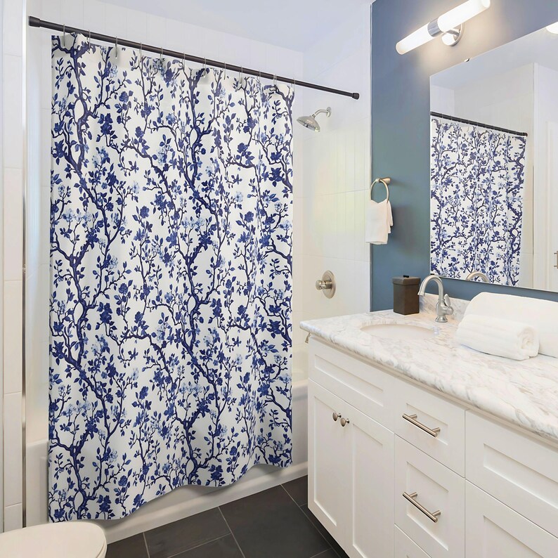Chinoiserie Shower Curtain Blue and White Floral Bathroom Decor ...