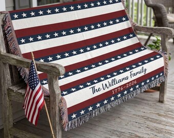 Coperta in cotone tessuta personalizzata per il 250° anniversario degli Stati Uniti, con nome di famiglia personalizzato, decorazione patriottica per il 4 luglio, Giorno dell'Indipendenza 1776-2026