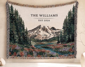 Personalized Mount Rainier Woven Blanket National Park Anniversary Gift Couples Last Name Adventurous Hiking Wedding Forest Cotton Throw