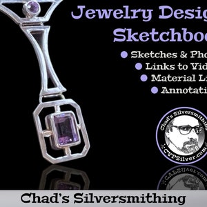 Può includere: Un ciondolo d'argento con una pietra preziosa viola incastonata in un design geometrico. Il ciondolo fa parte di uno sketchbook di design di gioielli che include schizzi, foto, video, liste di materiali e annotazioni.