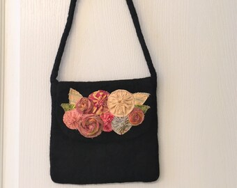 Black Felted Bag with Upcycled Floral Embellishment, Boho Bag, Festival Hippie Style