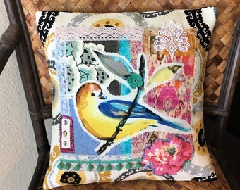 Pillow Cover, OOAK Handmade Funky Boho Bird, Applique Pillow with Scrap and Upcycled Vintage Fabric Fits 14 to 16 Inch Pillow Insert