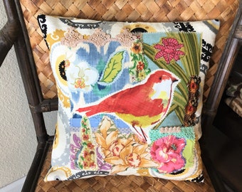 Pillow Cover, OOAK Handmade Funky Boho Bird, Applique Pillow with Scrap and Upcycled Vintage Fabric Fits 14 to 16 Inch Pillow Insert