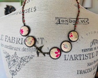 Vintage Style Necklace Covered Button with Swallow Tan and Coral Upcycled Blouse Fabric --Bridesmaid Romance Boho Hippie Concert Festival