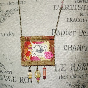 Yellow and Pink Mixed Media Boho Art  Amulet Necklace Bird and Flower