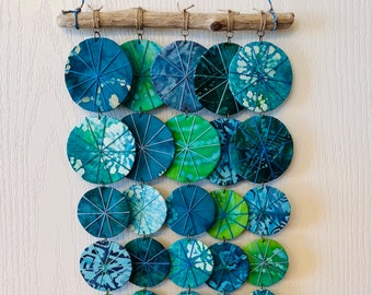 Driftwood Wall Hanging Umbrellas, Chimeless  Wind Chime, Upcycled Fabric Festival and Boho Style Wall Hanging Sea Mermaid