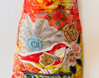 Large Crossbody Bag, Tie Dye Hippie bag, OOAK Vintage Bird Embellished Boho Festival Purse, Applique Bag Colorful Bag