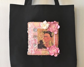 Funky Black Tote bag, Vintage Scrap, Upcycled coolness, Handmade Boho Frida Kahlo Grocery bag