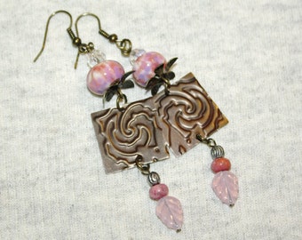 Boho Earrings Lampwork and Brass Pink and Lavender  3" Dangles Gypsy Girl Festival earrings