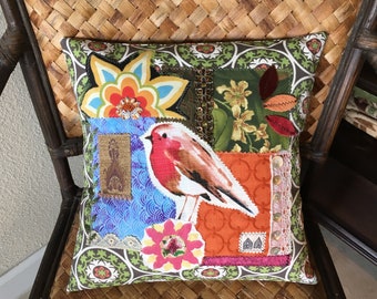 Pillow Cover, OOAK Handmade Funky Boho Bird, Applique Pillow with Scrap and Upcycled Vintage Fabric Fits 14 to 16 Inch Pillow Insert