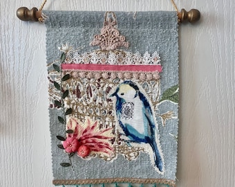 Upcycled Mixed Media Mini Wall Hanging Blue Bird Black Heart Vintage Barkcloth Collage