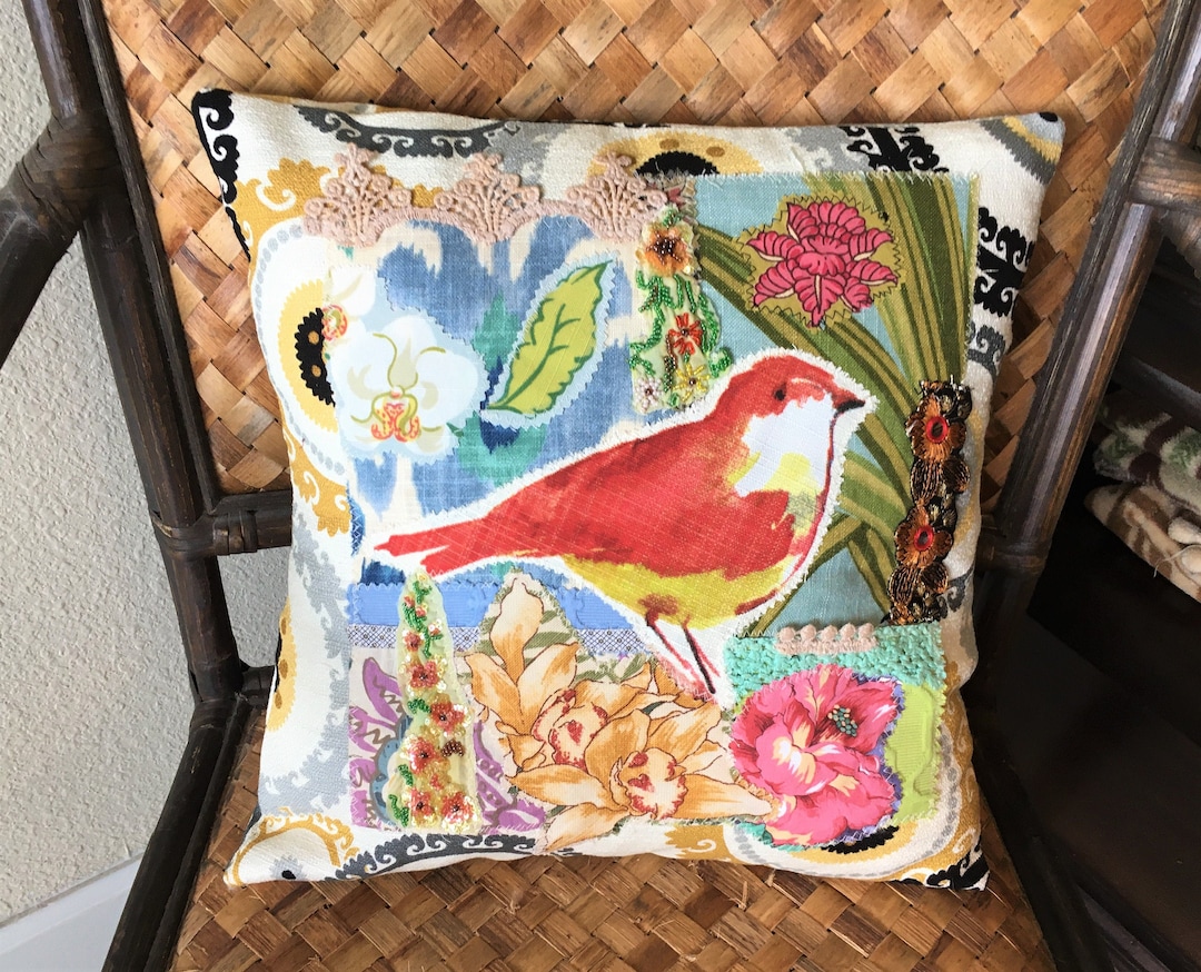 Pillow Cover, OOAK Handmade Funky Boho Bird, Applique Pillow With Scrap