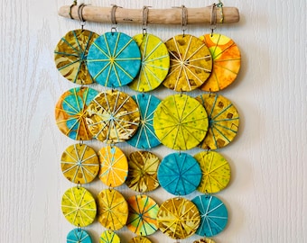 Driftwood Wall Hanging Umbrellas, Chimeless  Wind Chime, Upcycled Fabric Festival and Boho Style Wall Hanging Sun and Sky Colors