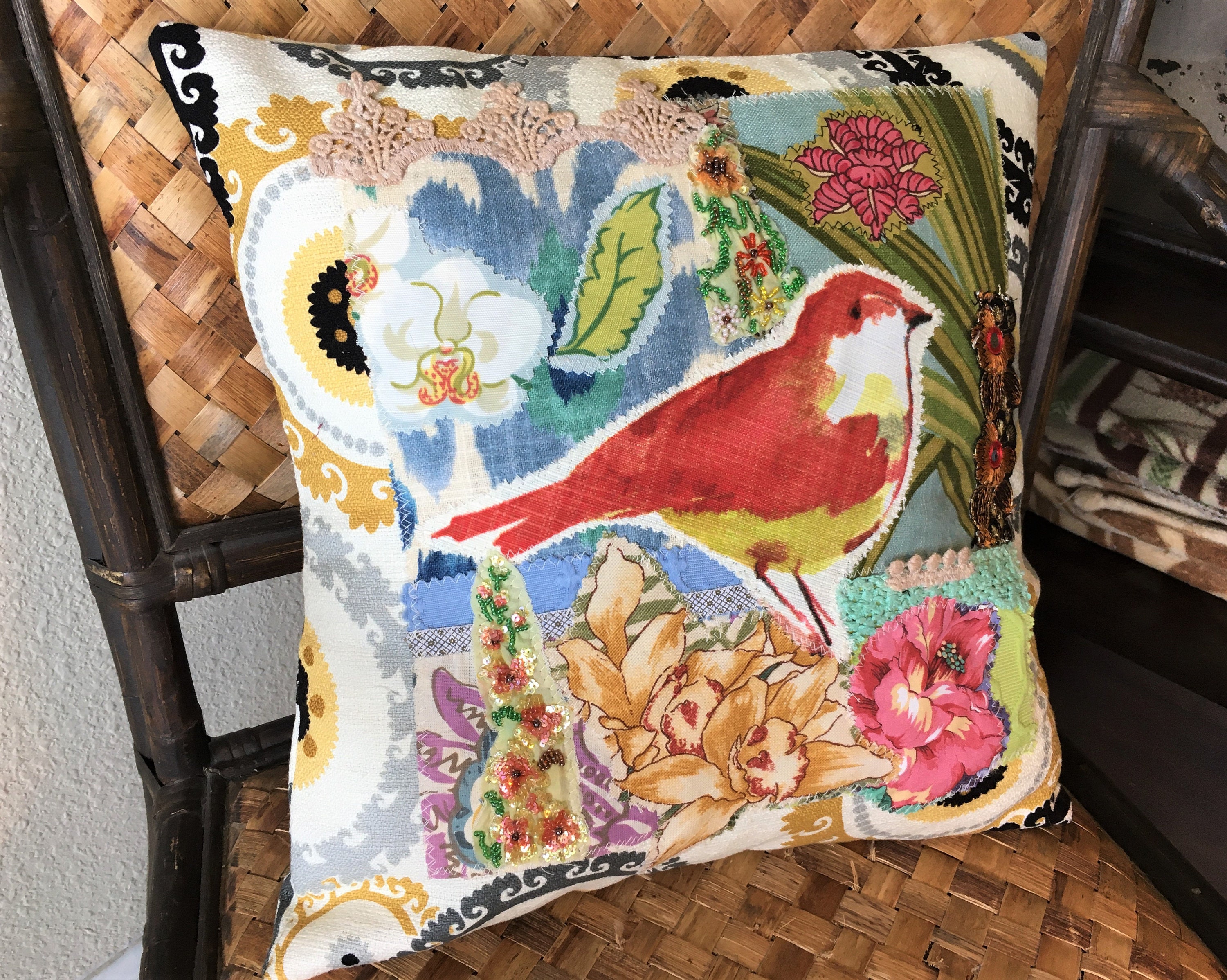 Pillow Cover OOAK Handmade Funky Boho Bird Applique Pillow Etsy 日本