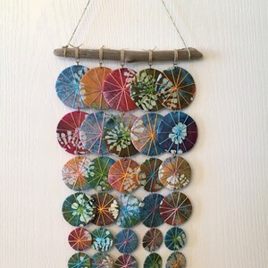 Driftwood Wall Hanging Umbrellas, Chimeless  Wind Chime, Upcycled Fabric Festival and Boho Style Wall Hanging Tie Dye Flower Colorful