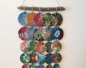 Driftwood Wall Hanging Umbrellas, Chimeless  Wind Chime, Upcycled Fabric Festival and Boho Style Wall Hanging Tie Dye Flower Colorful