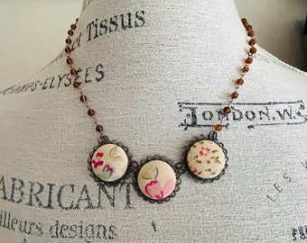 Rosary Style Necklace - Vintage Upcycled Rayon Fabric Buttons Boho Necklace