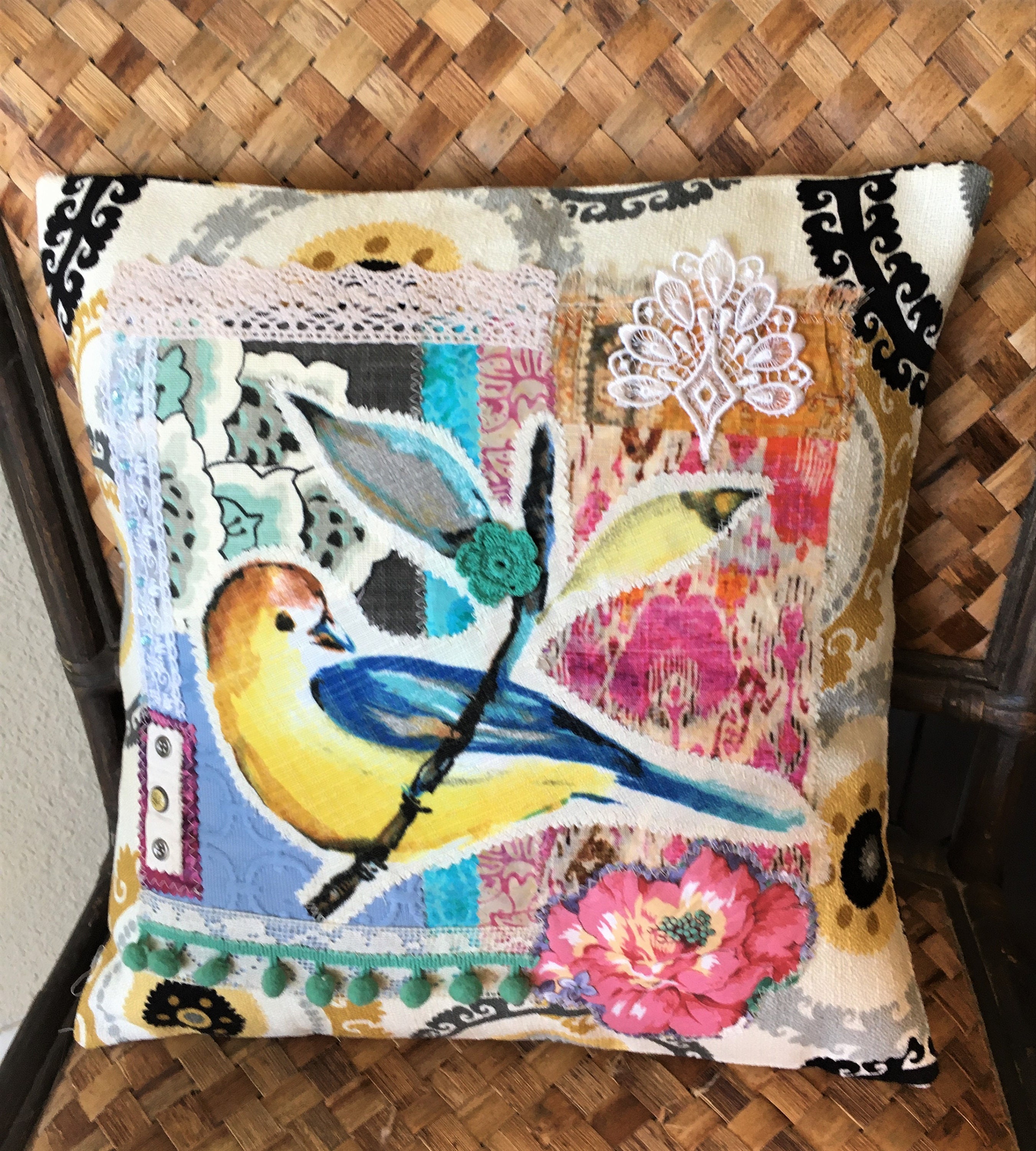Boho Vintage-Inspired Bird & Wildflowers Pillow main image 0
