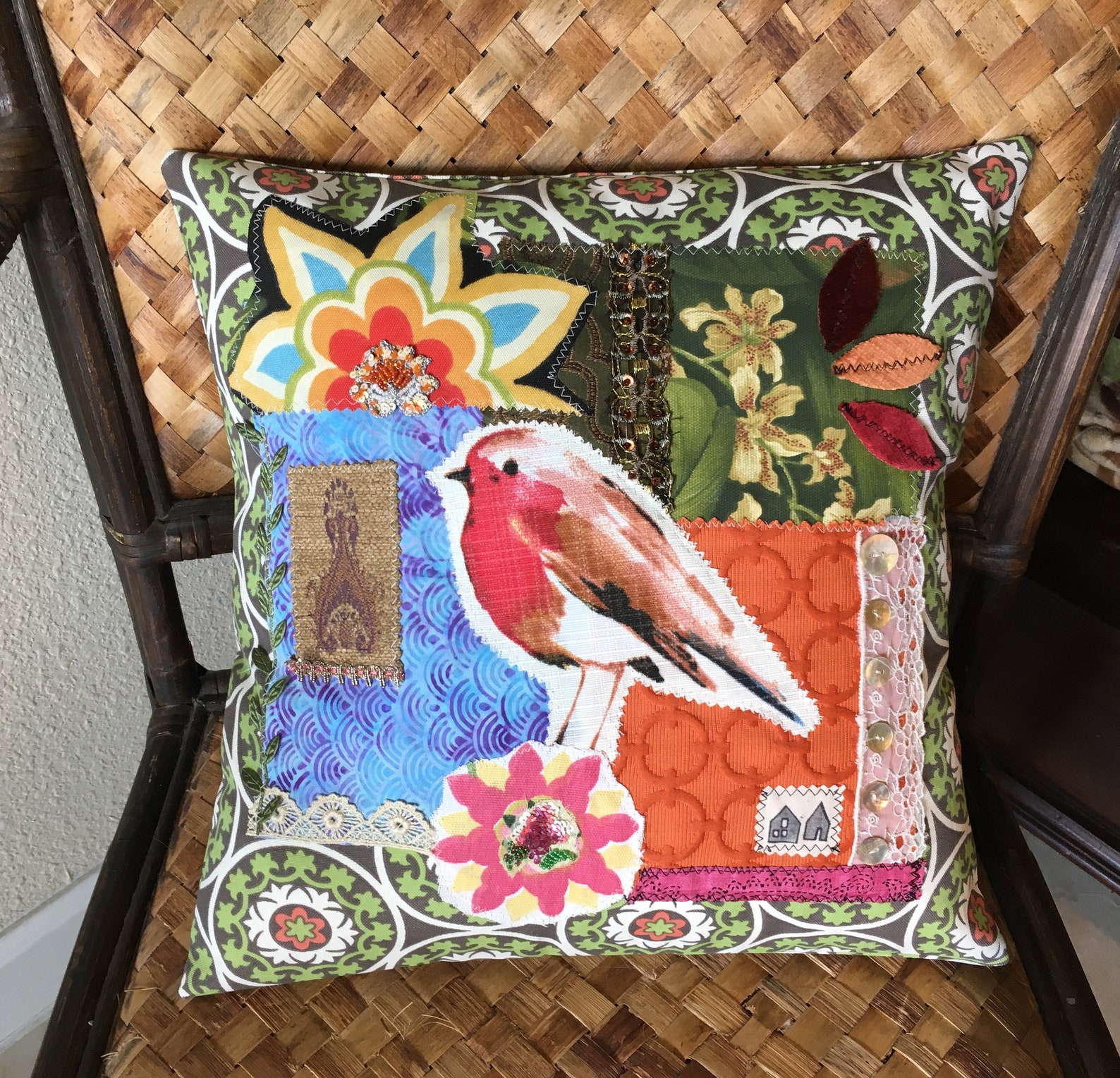 Pillow Cover OOAK Handmade Funky Boho Bird Applique Pillow Etsy