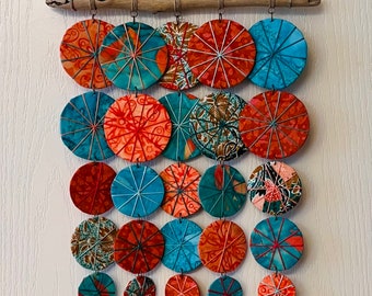 Chimeless  Wind Chime, Upcycled Fabric Festival and Boho Style Wall Hanging  Coral and Turquoise