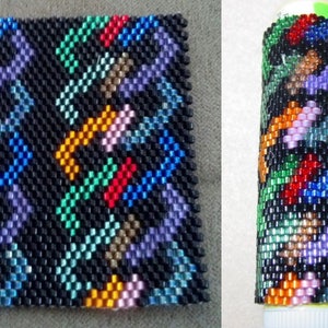 May include: A close-up of a beaded square and a beaded cylinder, both with a colourful geometric pattern on a black background. The colours include red, orange, yellow, green, blue, purple, and brown.