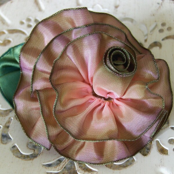 French Wired Ribbon  Rose to Moss Green Ombre 3 yds 1 inch wide