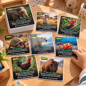 Puede incluir: Un conjunto de tarjetas educativas cuadradas sobre animales con el logotipo de Wildhan, cada una con una fotografía de alta resolución, un dato Did you know? e información sobre su alimentación. La colección incluye un elefante, guepardo, guacamayo, tortuga, oso polar, pez payaso, gallo y bisonte.