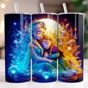 Elsa and Anna Frozen Tumbler Wrap PNG, 20 oz Watercolor Splash Digital Design - High Resolution - Instant Digital PNG Download